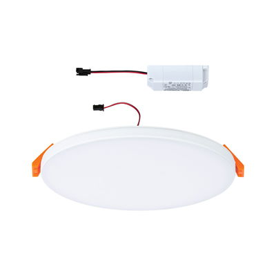 Round white LED recessed panel with orange clips and separate driver for energy-efficient lighting