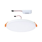 Round white LED recessed panel with orange clips and white power cable for ceiling lighting