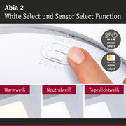 Abia 2 LED-Deckenleuchte mit weißem Kunststoffgehäuse und Sensor- sowie White-Select-Funktion