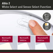 Abia 2 LED-Deckenleuchte mit weißem Kunststoffgehäuse und Sensor- sowie White-Select-Funktion