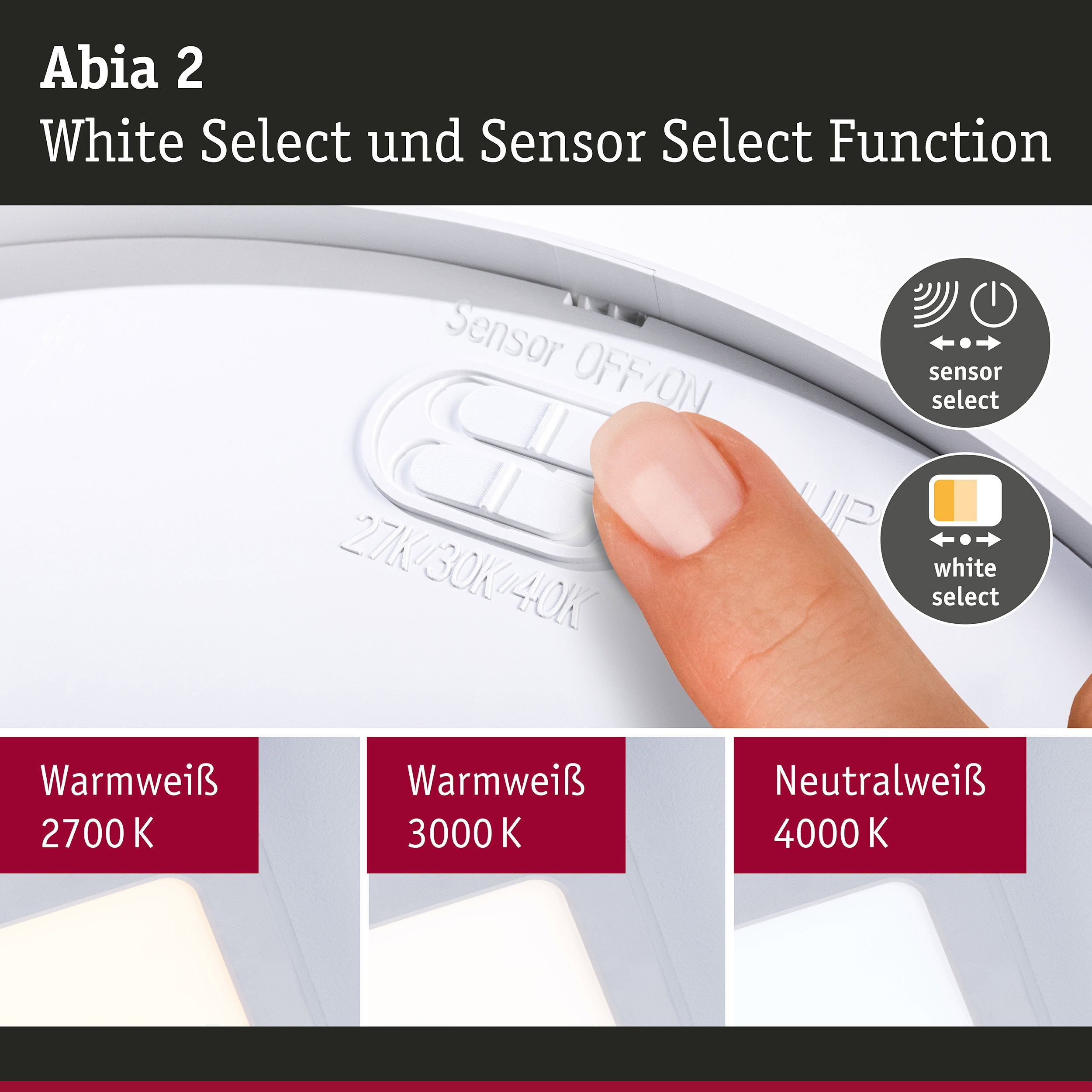 Abia 2 LED-Deckenleuchte mit weißem Kunststoffgehäuse und Sensor- sowie White-Select-Funktion