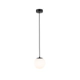 Modern pendant light with black metal and white glass globe diffuser for living spaces
