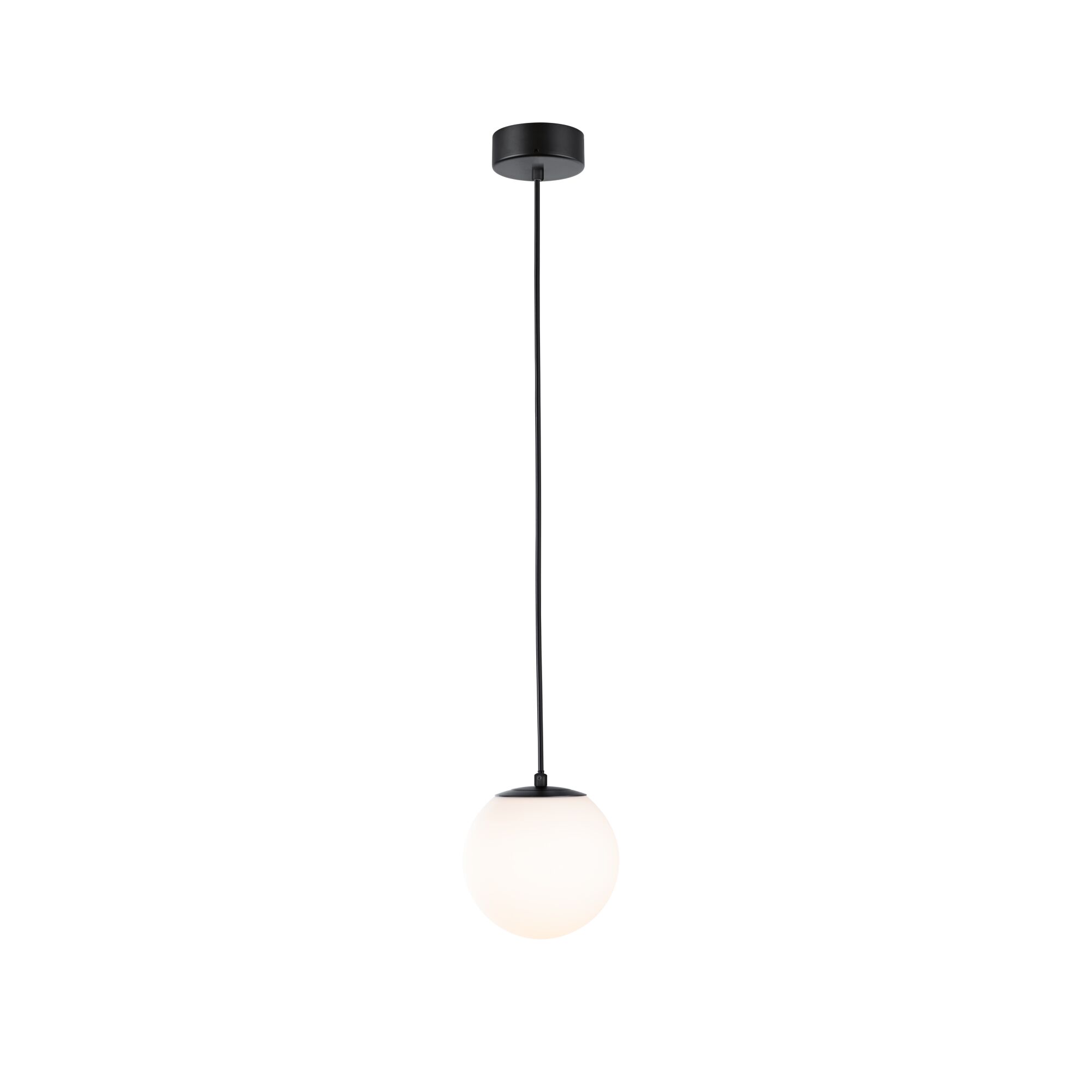 Modern pendant light with black metal and white glass globe diffuser for living spaces