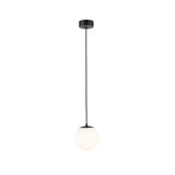 Modern pendant light with black metal and white glass globe diffuser for living spaces