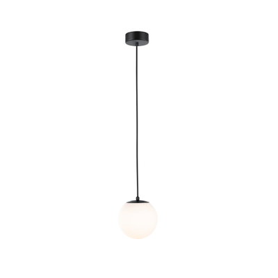 Modern pendant light with black metal and white glass globe diffuser for living spaces