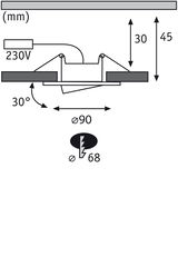 Schéma technique d'un spot encastré de 90 mm de diamètre et inclinaison de 30°, connexion 230V