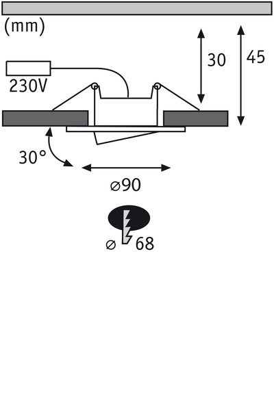 Technische tekening van inbouwspot met 90 mm diameter en 30° kanteling, 230V aansluiting