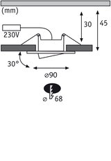 Schéma technique d'un spot encastré de 90 mm de diamètre et inclinaison de 30°, connexion 230V