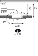 Technische Zeichnung eines Einbaustrahler mit 90 mm Durchmesser und 30° Neigung, 230V Anschluss