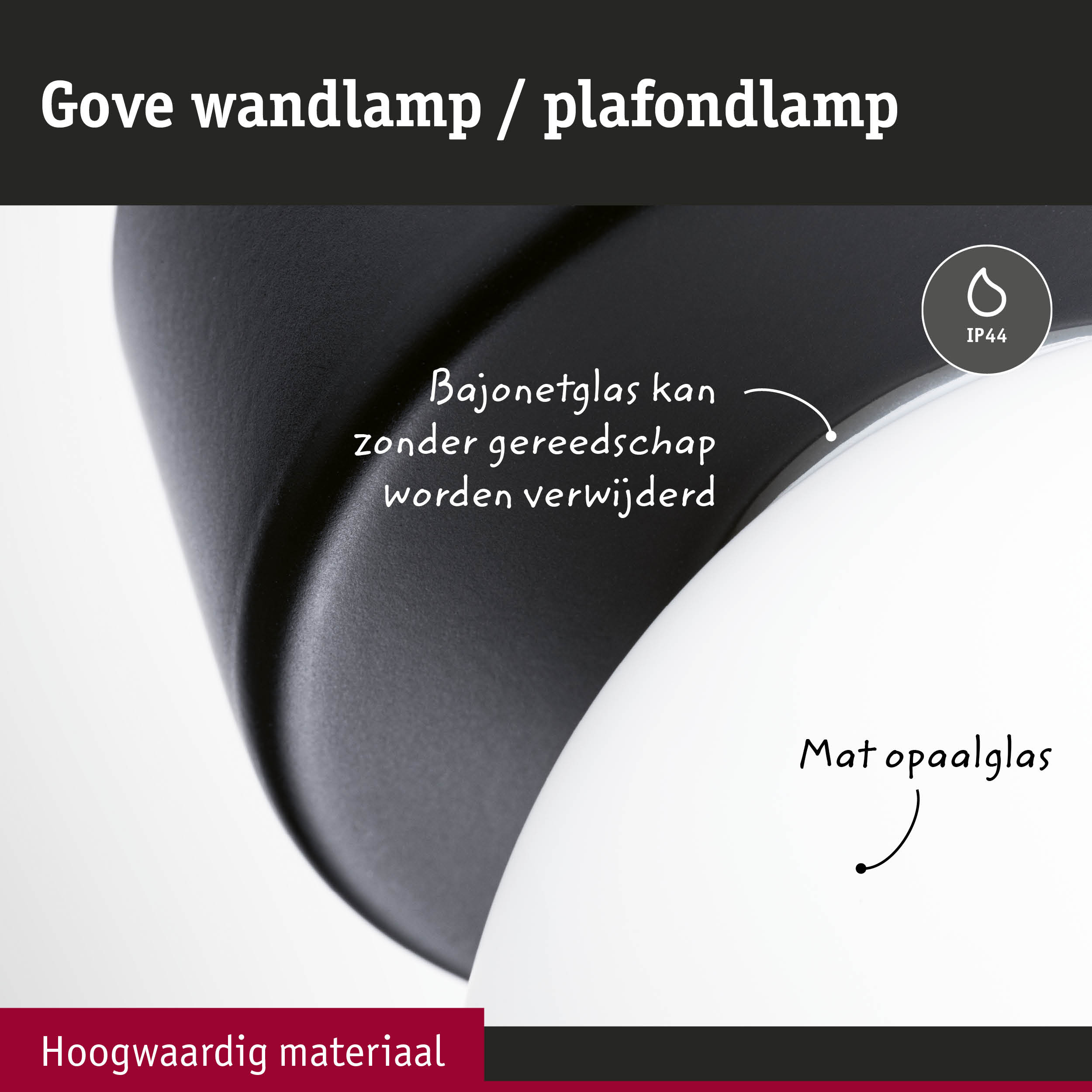 Zwarte Gove wandlamp met mat opaalglas, hoogwaardig materiaal en IP44 bescherming voor badkamerverlichting
