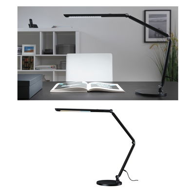 Schwarze LED-Schreibtischlampe mit verstellbarem Arm und rundem Sockel für modernes Arbeitslicht