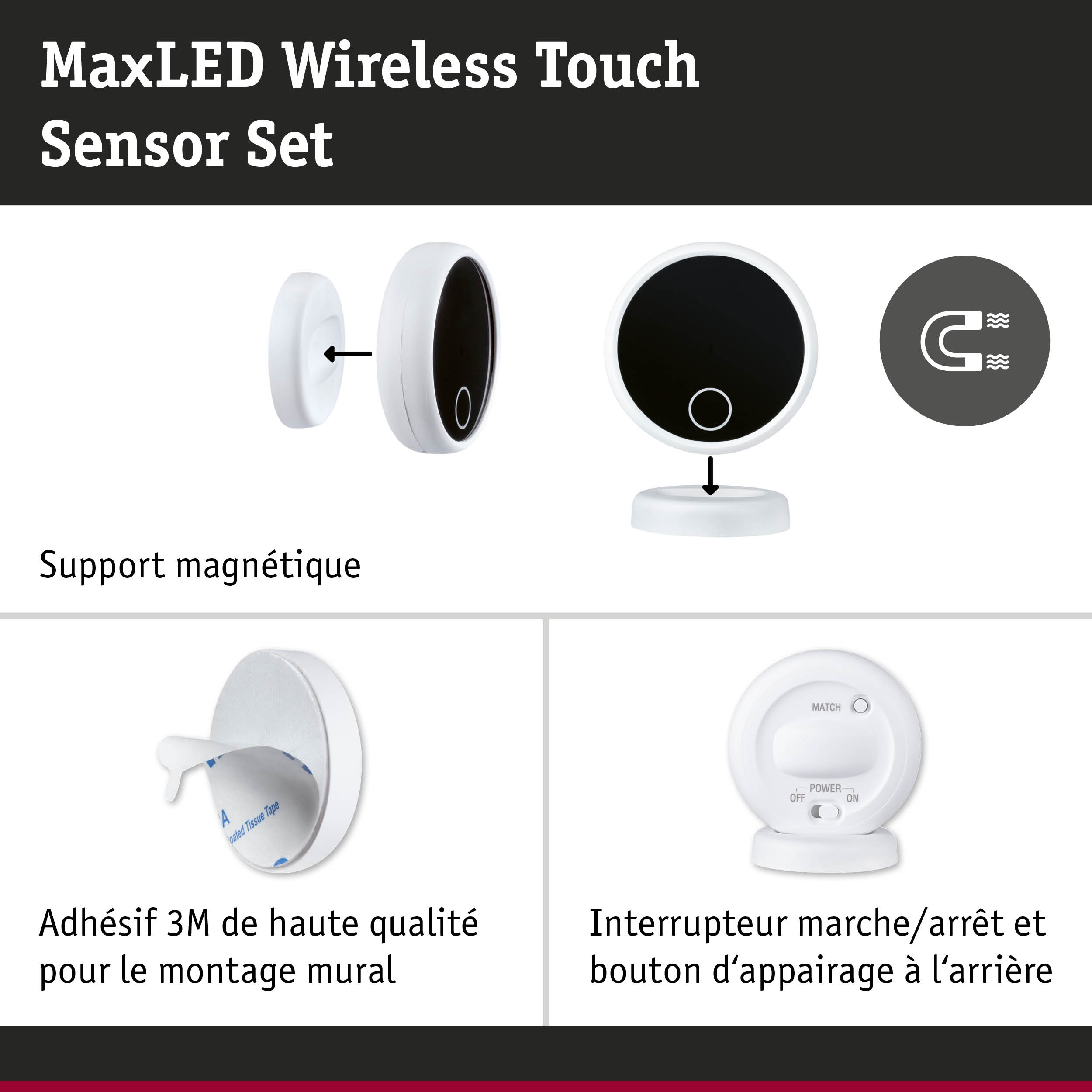 Ensemble capteur tactile sans fil MaxLED avec boîtier blanc et support magnétique pour commande sans fil
