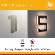 Solar-powered house number in white and illuminated black for energy-saving outdoor lighting