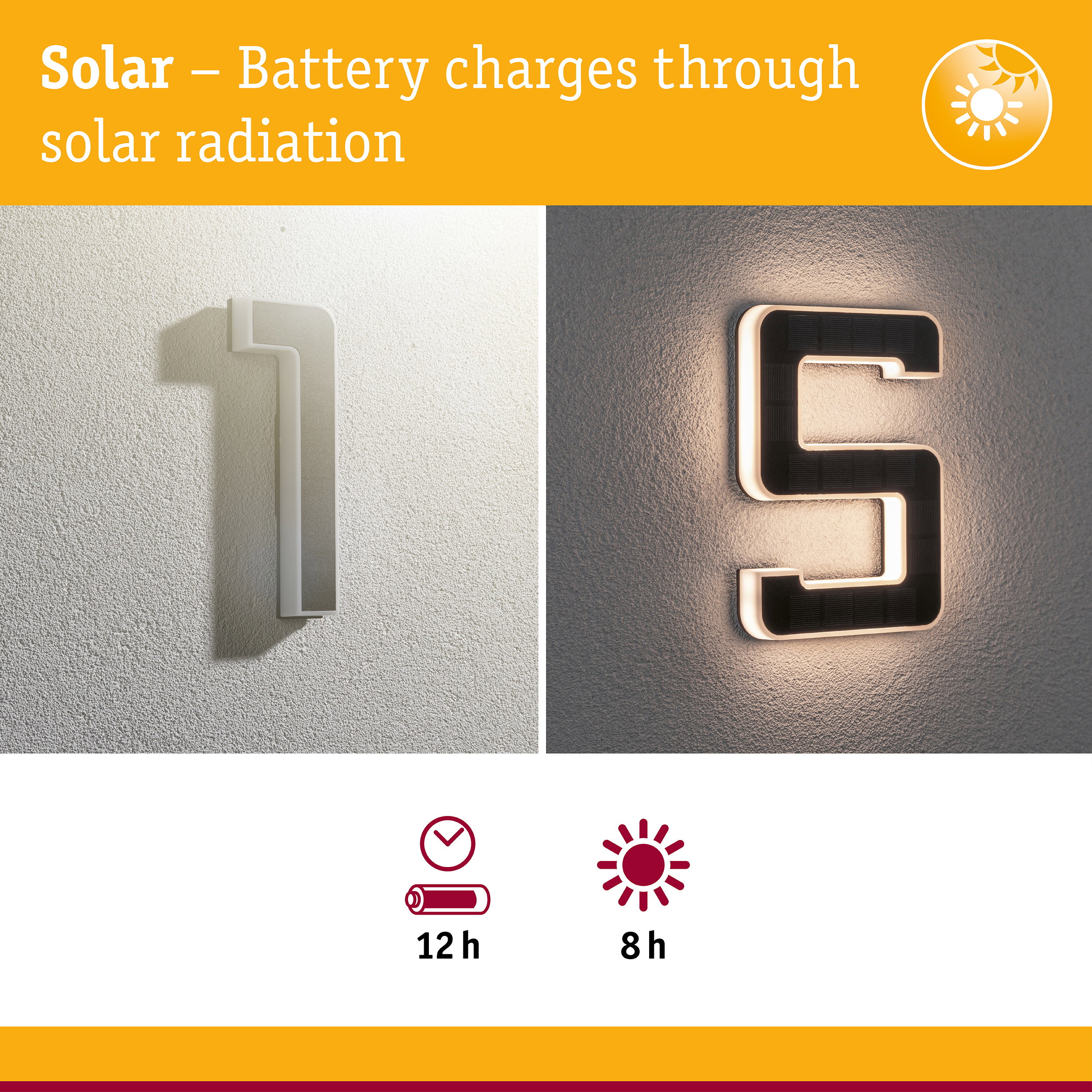 Solar-powered house number in white and illuminated black for energy-saving outdoor lighting