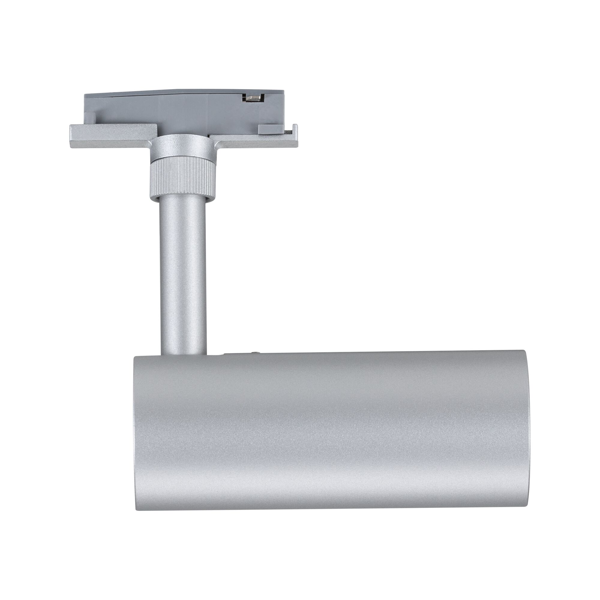Silver metal LED track spotlight with cylindrical design for modern lighting solutions