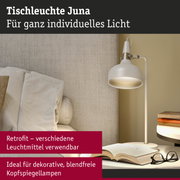 Weiße Tischleuchte Juna aus Metall mit warmem Licht, ideal für blendfreie Leselampen im Wohnzimmer