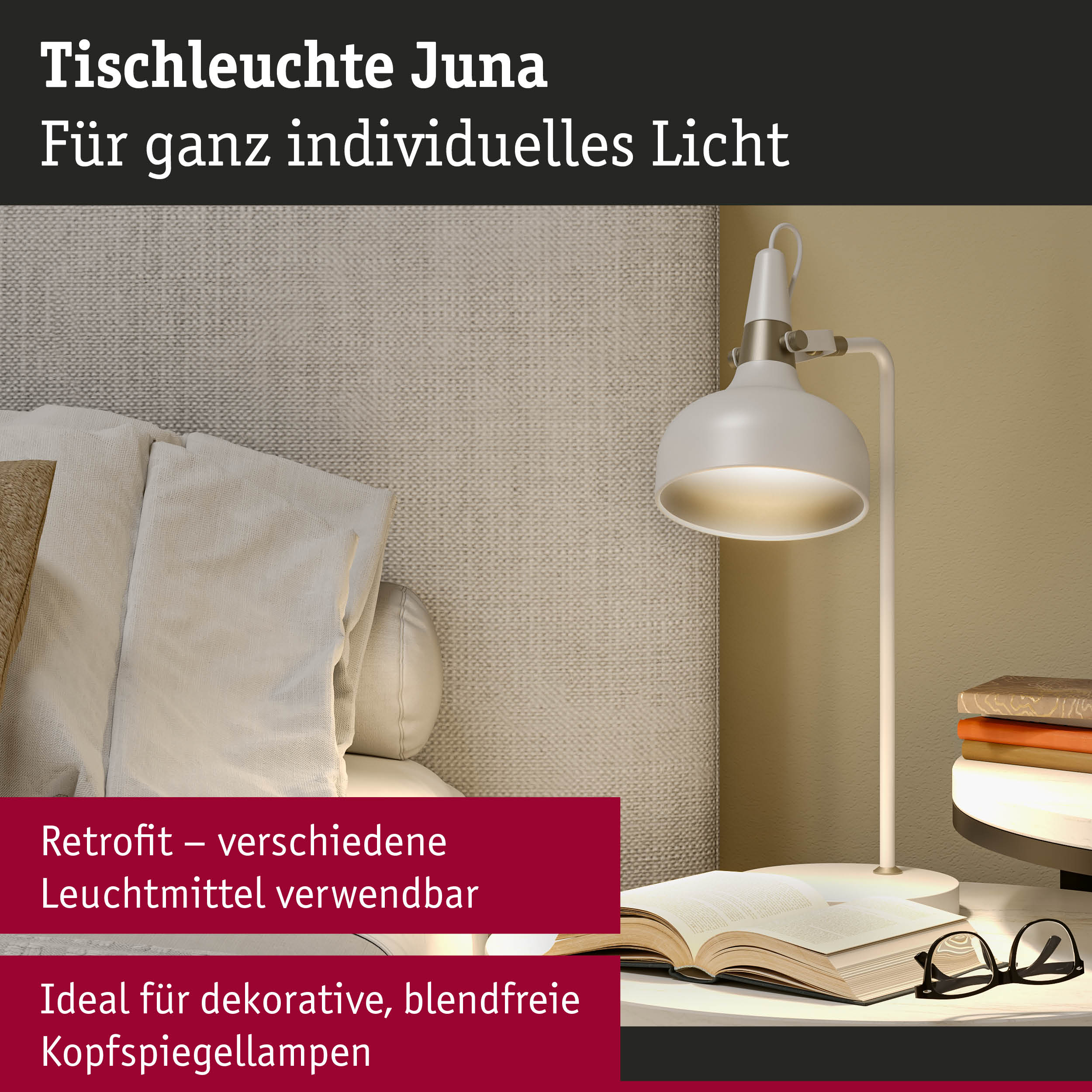 Weiße Tischleuchte Juna aus Metall mit warmem Licht, ideal für blendfreie Leselampen im Wohnzimmer