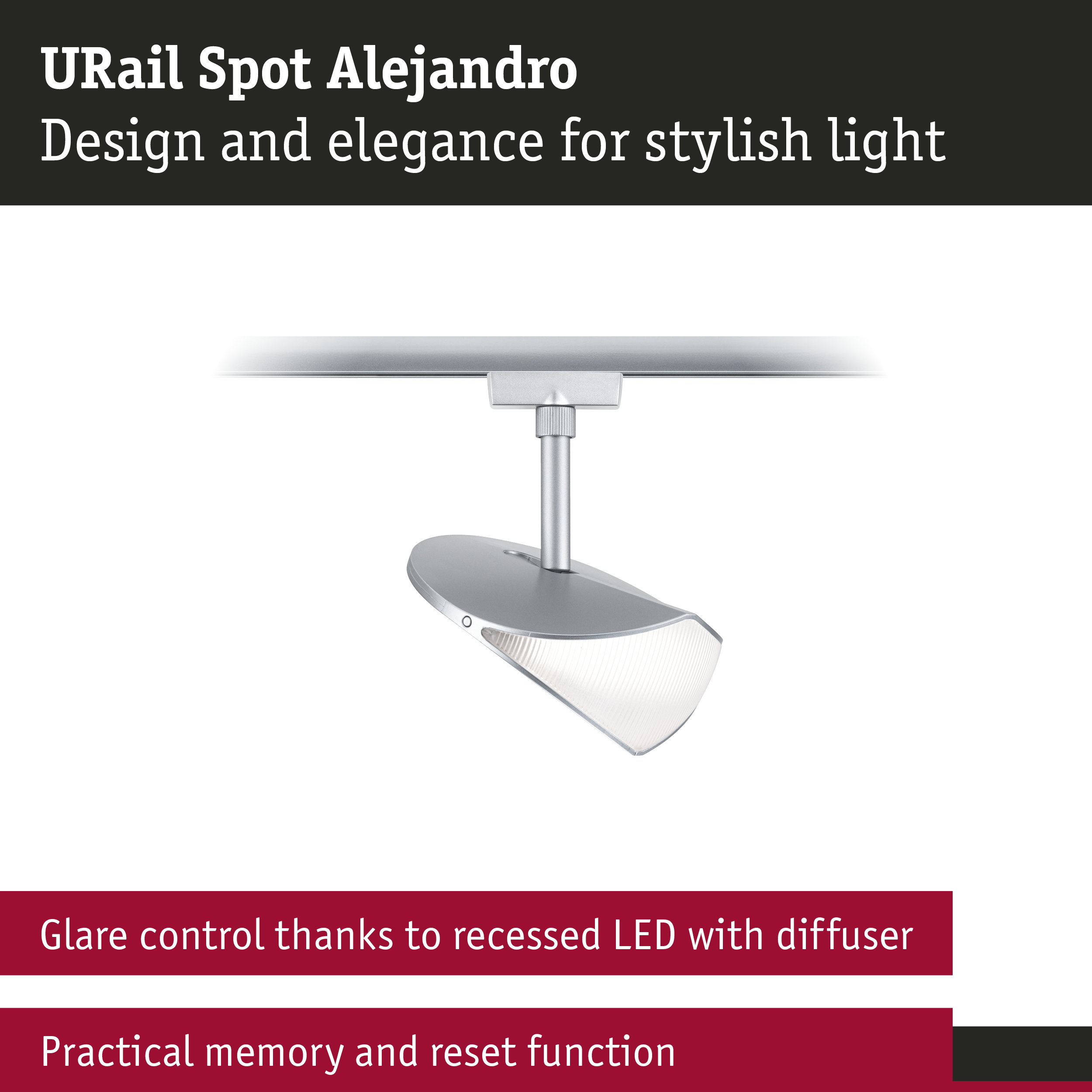 URail Spot Alejandro silver aluminium LED spotlight with diffuser for glare-free lighting
