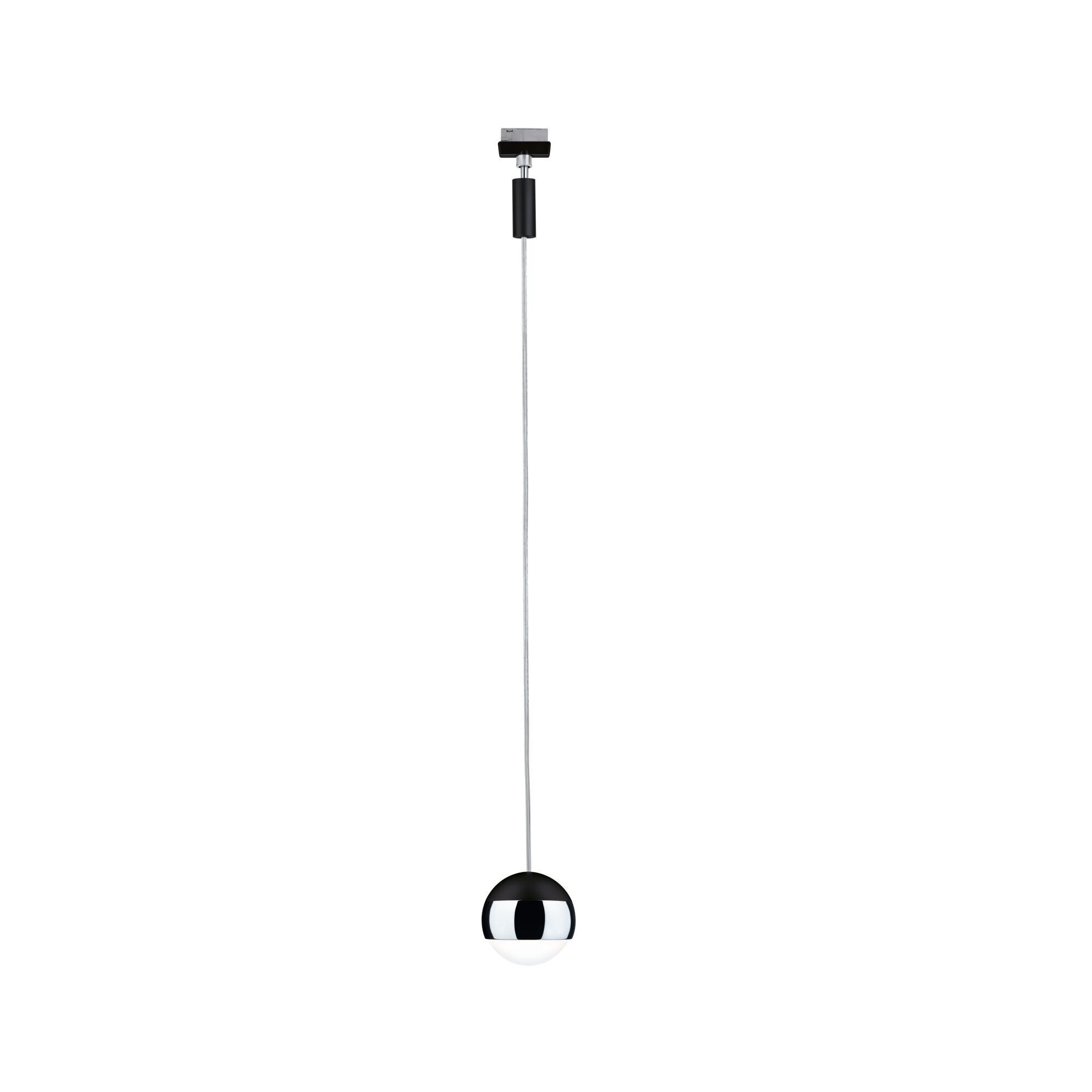 Moderne pendel med kugleformet krom og sort metalhus, LED designlampe
