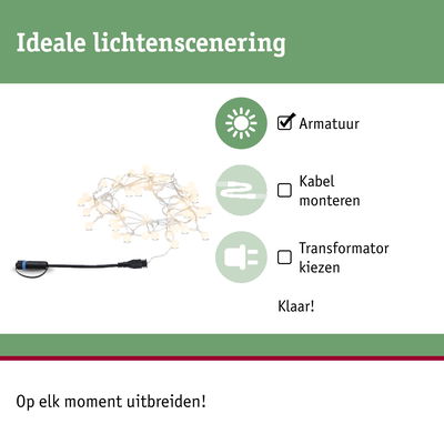 Lichtsnoer met warmwitte LED's en zwarte aansluitkabel voor eenvoudige lichtscenering en uitbreiding