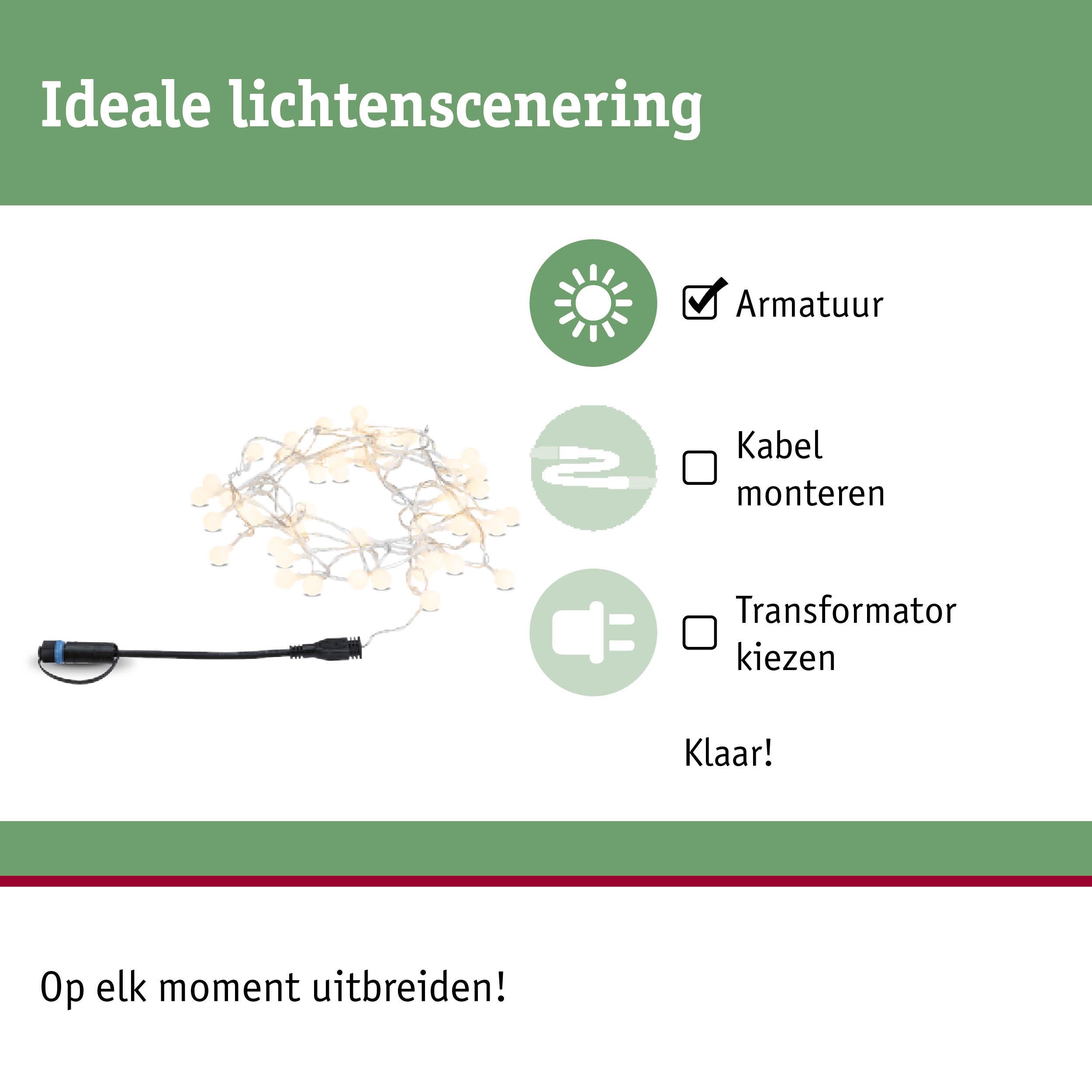 Lichtsnoer met warmwitte LED's en zwarte aansluitkabel voor eenvoudige lichtscenering en uitbreiding