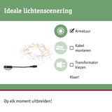 Lichtsnoer met warmwitte LED's en zwarte aansluitkabel voor eenvoudige lichtscenering en uitbreiding