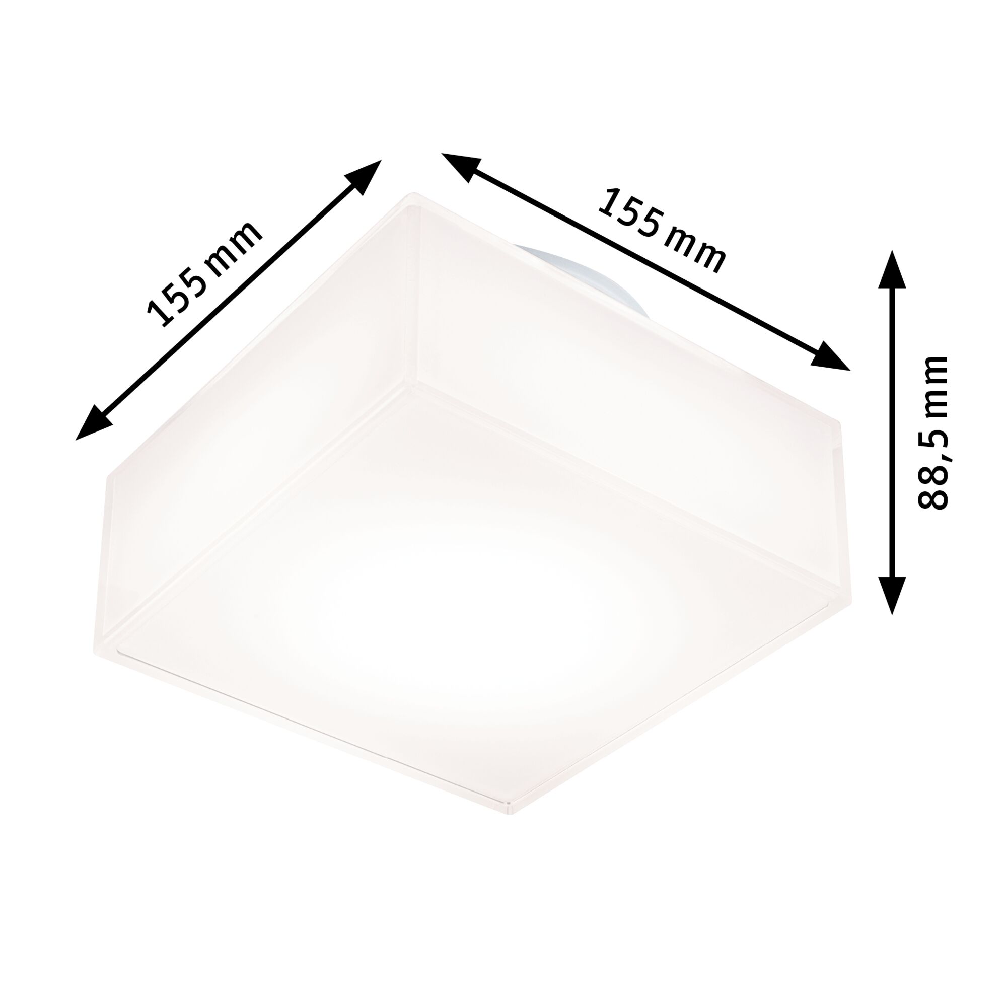 Quadratische weiße Deckenleuchte aus Kunststoff mit Maßen 155x155x88,5 mm für Wohnräume.