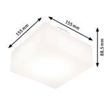Vierkante witte kunststof plafondlamp van 155x155x88,5 mm voor woonruimtes.