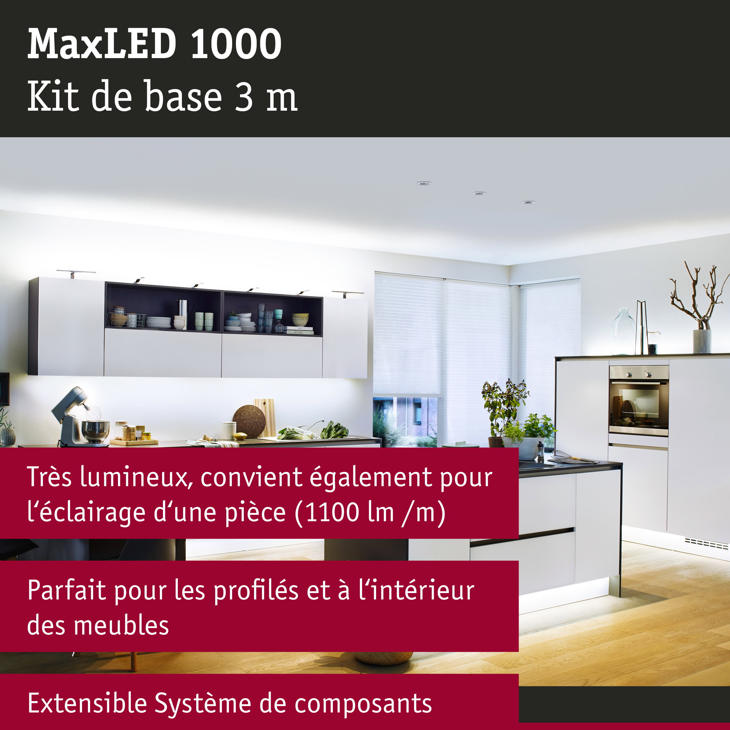 Cuisine blanche moderne avec système d'éclairage LED MaxLED 1000 et éclairage intérieur des meubles