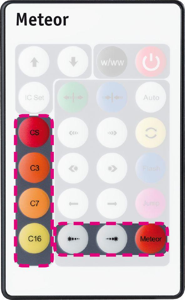 Meteor remote control with colored buttons for light control, designed for LED lighting systems.