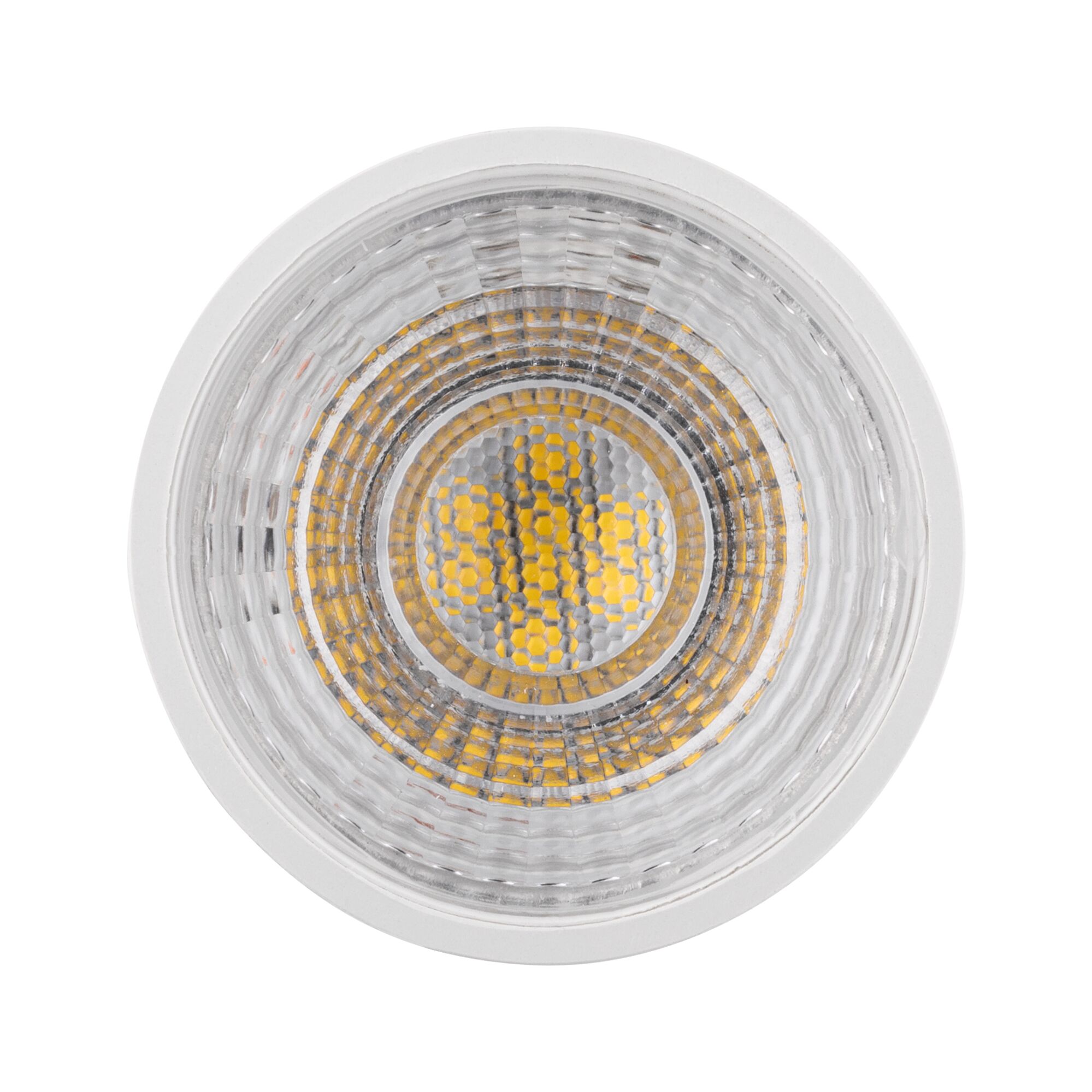 Round LED spotlight with white housing and clear reflector, yellow LED chips for indoor lighting