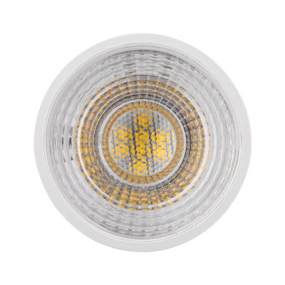 Round LED spotlight with white housing and clear reflector, yellow LED chips for indoor lighting