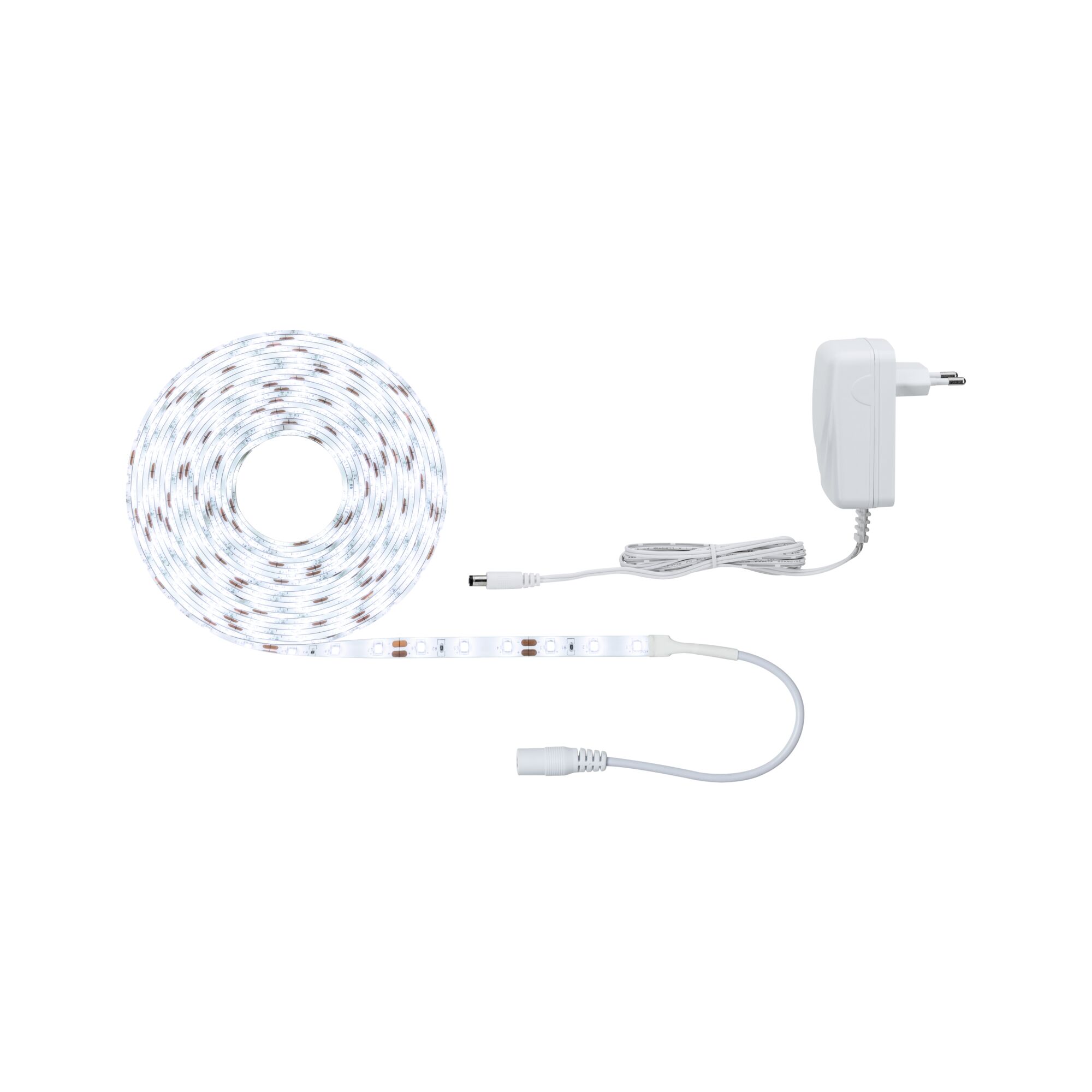 Witte LED-strip met stroomadapter en connector voor flexibele verlichtingsoplossingen