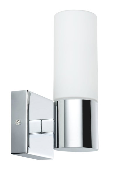 Moderne Wandlampe mit chromfarbenem Metall und weißem Glas, geeignet für Innenbeleuchtung.