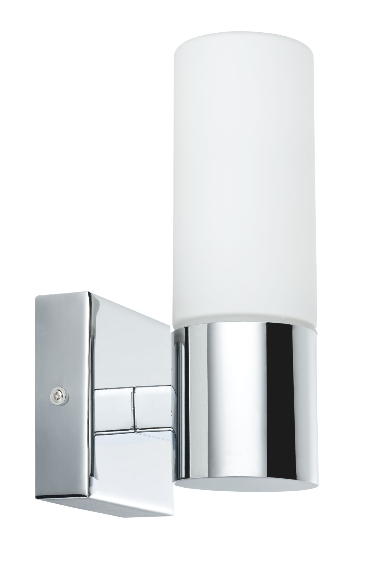 Moderne Wandlampe mit chromfarbenem Metall und weißem Glas, geeignet für Innenbeleuchtung.