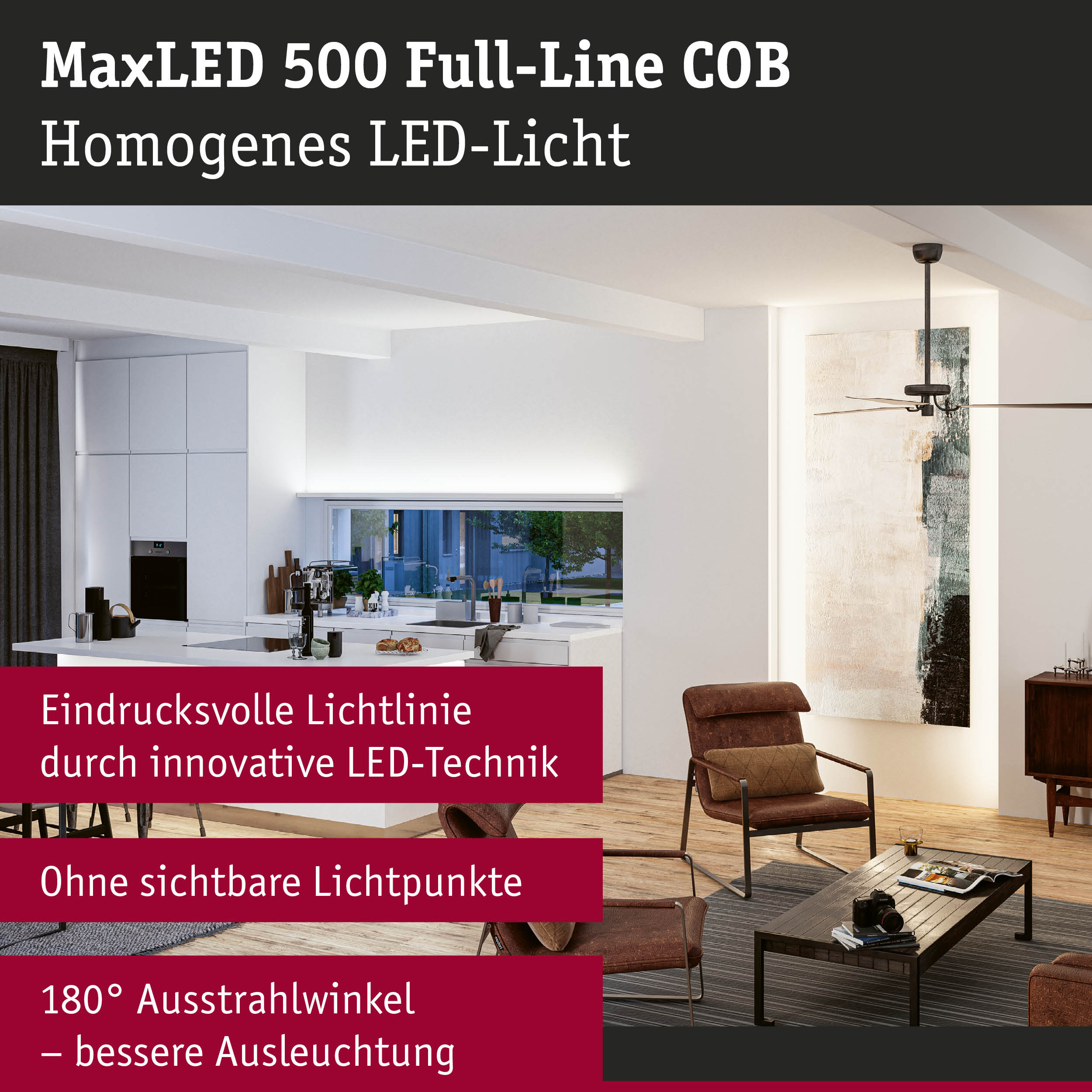 Moderner Wohnraum mit MaxLED 500 Full-Line COB LED-Lichtlinie für homogene Beleuchtung