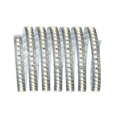 Flexible LED strip with warm white LEDs on transparent base for versatile lighting solutions.