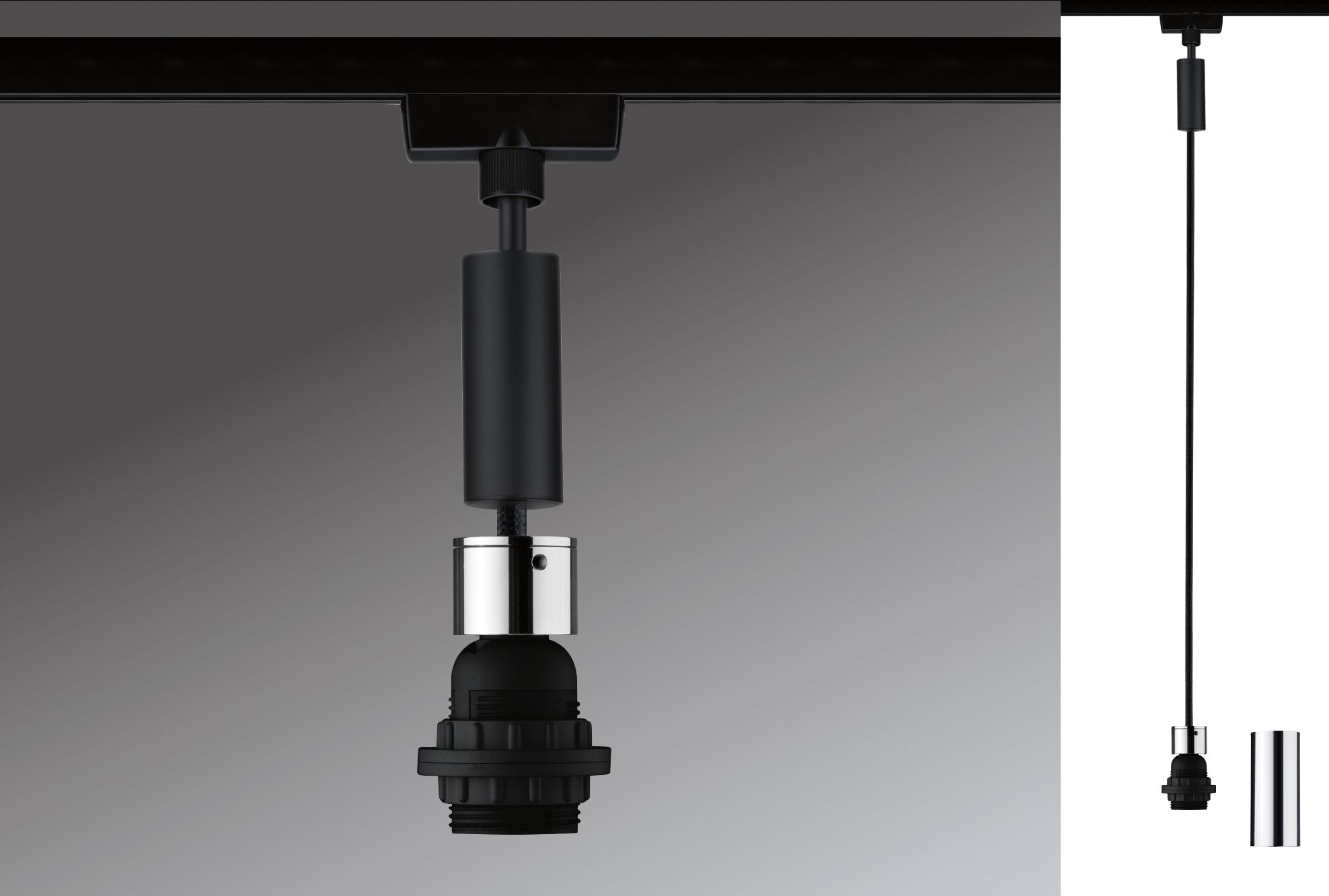 Black pendant cable with chrome cylinder and socket for LED lights, modern lighting accessory
