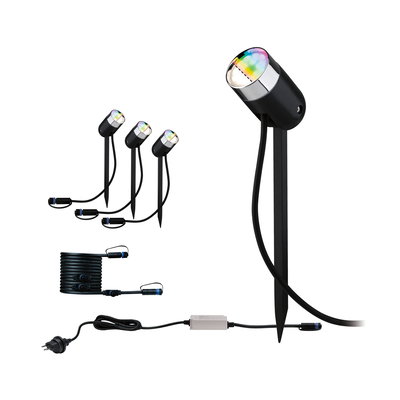 Set of four black LED garden spotlights with ground stakes and connection cable for outdoor lighting