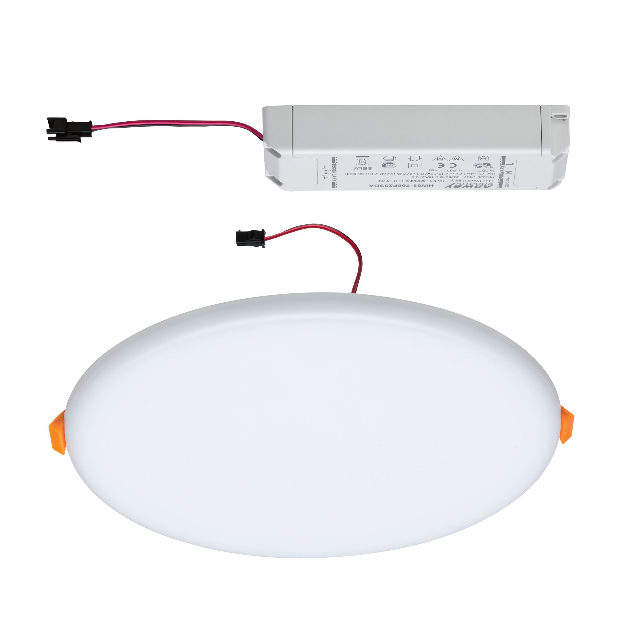 Weißes LED Panel mit integriertem Treiber und roten Anschlusskabeln für energiesparende Deckenbeleuchtung