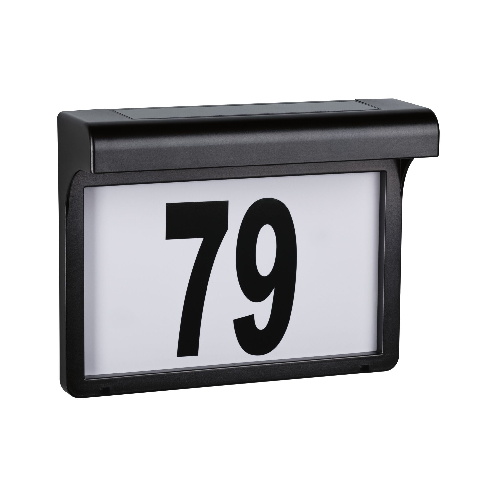 Black plastic house number sign with large white panel and black digits 79 for outdoor lighting