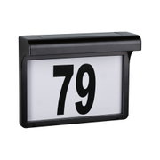 Plaque de numéro de maison noire en plastique avec fond blanc et chiffre 79, résistante aux intempéries