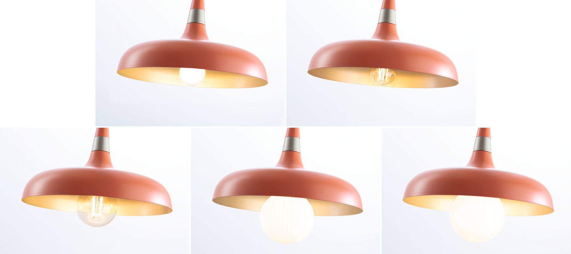 Okrągła pomarańczowa metalowa lampa wisząca z różnymi żarówkami do oświetlenia wnętrz