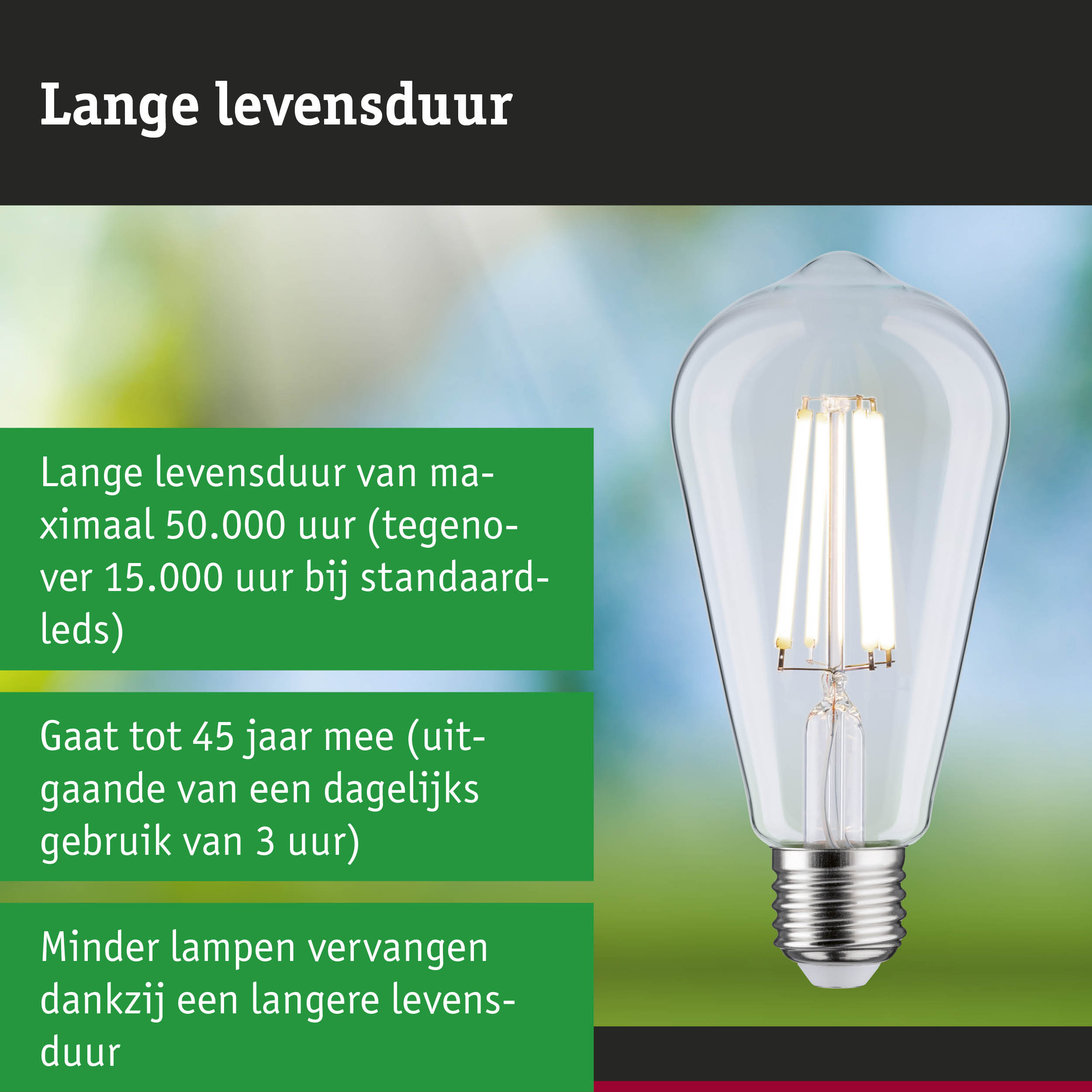 Lichtbron met langere levensduur, 3,5 keer langer dan conventionele lampen, energiezuinige LED-techniek