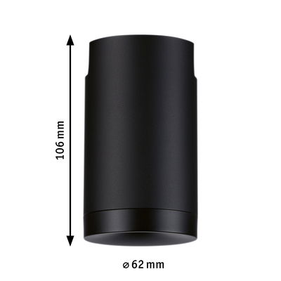 Boîtier cylindrique noir en aluminium de 106 mm de haut et 62 mm de diamètre pour éclairage LED.