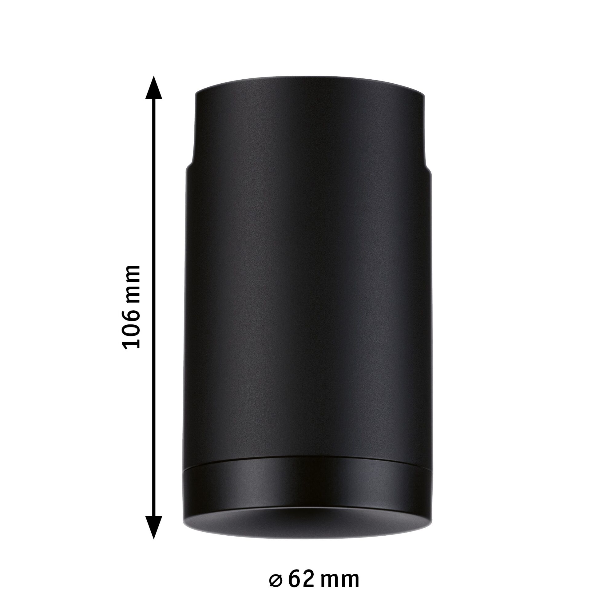 Schwarzes zylindrisches Aluminium-Gehäuse mit 106 mm Höhe und 62 mm Durchmesser für LED-Leuchten.