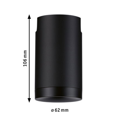 Schwarzes zylindrisches Aluminium-Gehäuse mit 106 mm Höhe und 62 mm Durchmesser für LED-Leuchten.