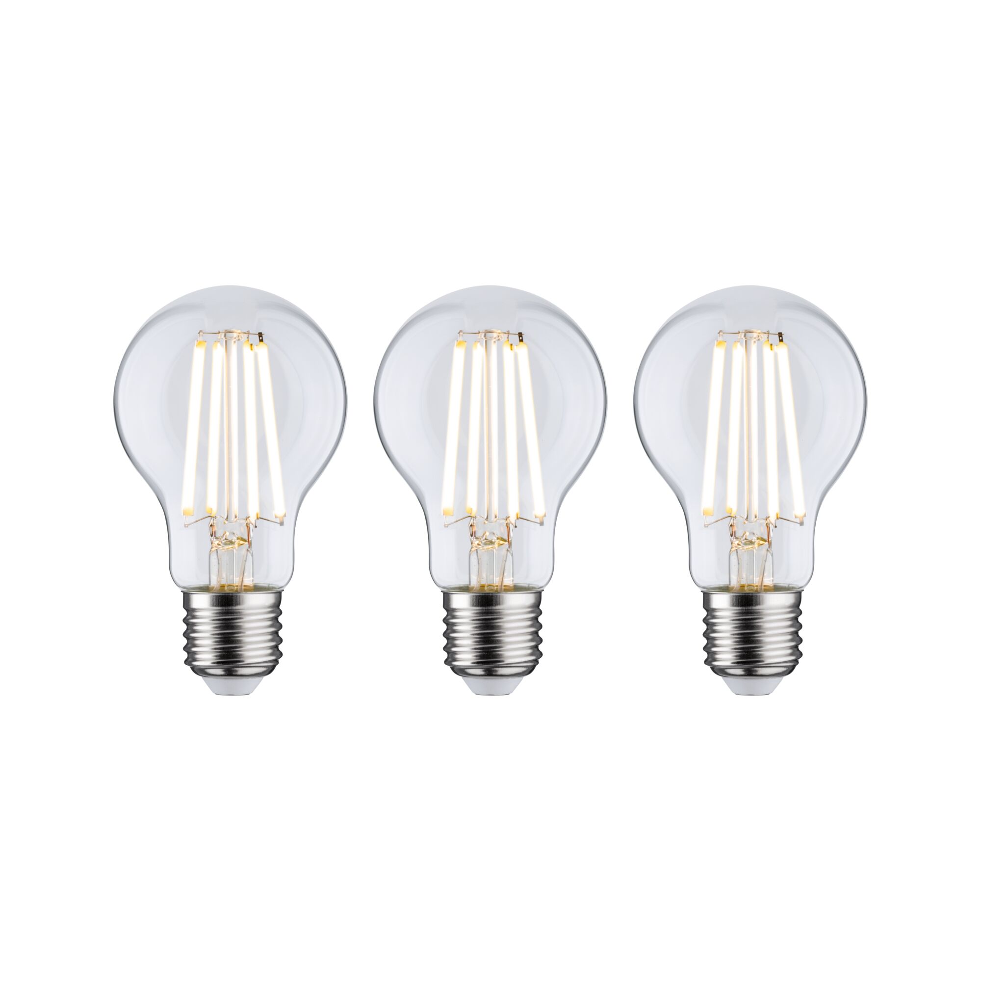 Three clear LED filament bulbs with E27 base for energy-efficient lighting solutions