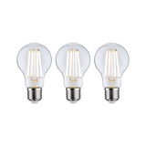 Three clear LED filament bulbs with E27 base for energy-efficient lighting solutions