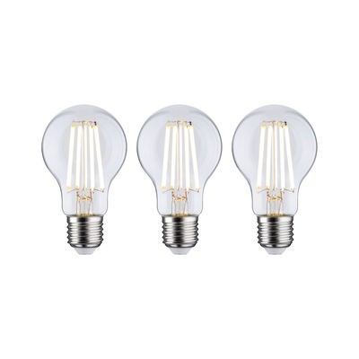 Three clear LED filament bulbs with E27 base for energy-efficient lighting solutions